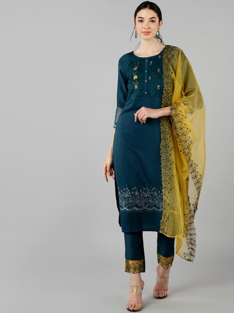 

AHIKA Women Teal Embroidered Kurta Trouser with Dupatta
