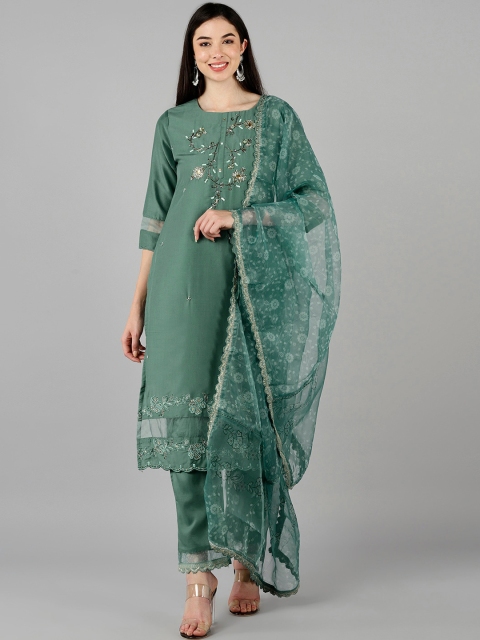 

AHIKA Women Green Floral Embroidered Kurta Trouser with Dupatta