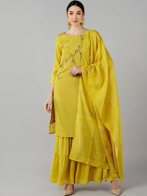 

AHIKA Women Mustard Yellow Floral Embroidered Kurti with Sharara & With Dupatta
