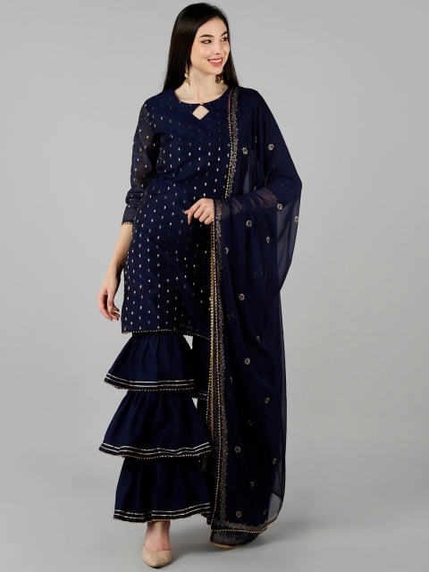 

AHIKA Women Navy Blue Woven Design Layered Kurta Sharara with Dupatta