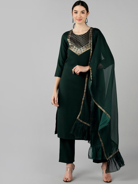 

AHIKA Women Green Floral Embroidered Panelled Kurti with Trouser & With Dupatta