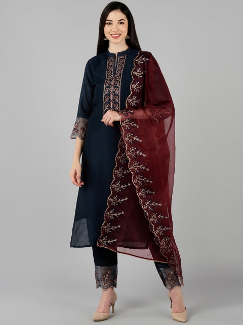 

AHIKA Women Navy Blue & Red Yoke Design Embroidered Kurta with Trousers & Dupatta