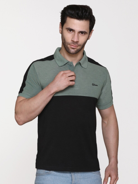 

Obaan Men Black & Sage Green Colourblocked Polo T-shirt