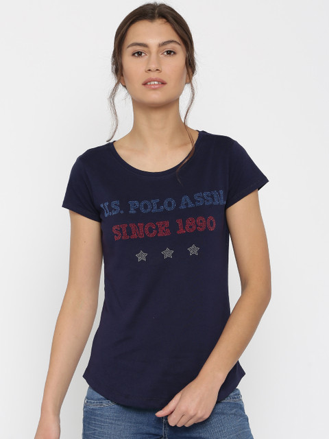 

U.S. Polo Assn. Women Navy Beaded Round Neck T-shirt, Navy blue