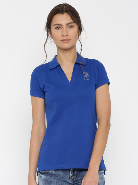 

U.S. Polo Assn. Women Blue Solid Polo T-shirt