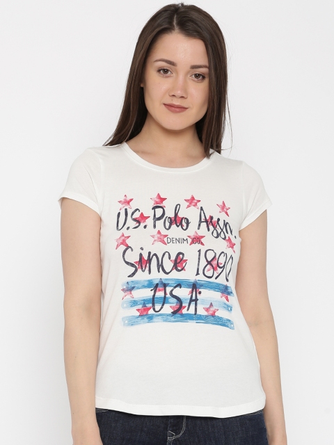 

U.S. Polo Assn. Women White Printed Pure Cotton T-shirt