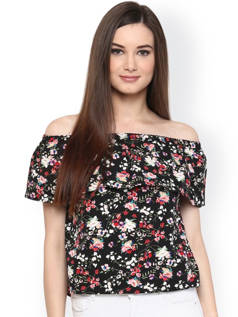 

Harpa Women Black Floral Print Crepe Bardot Top