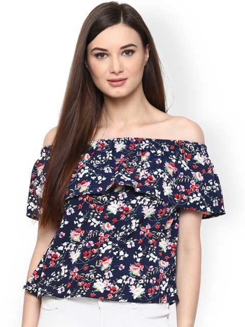 

Harpa Women Navy Floral Print Crepe Bardot Top, Navy blue