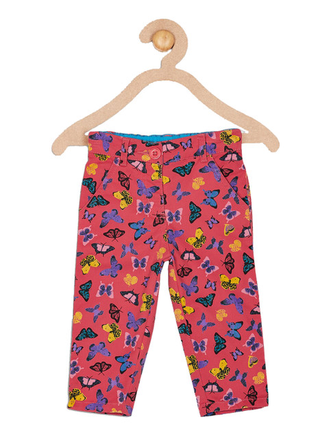 

612 league Girls Coral Red & Yellow Conversational Printed Twill Cotton Trousers