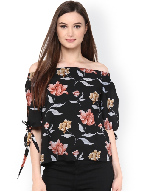 

Harpa Women Black Floral Print Crepe Bardot Top