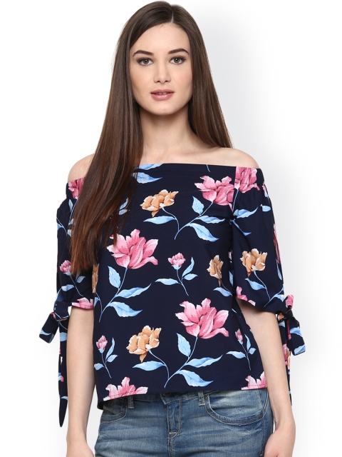 

Harpa Women Navy Floral Print Crepe Bardot Top, Navy blue