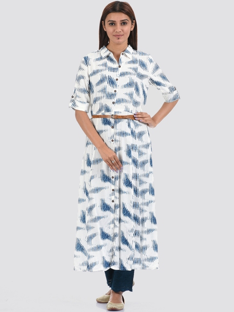 

Ethnicity Women White & Blue Abstract Printed Cotton Shirt Maxi Dress