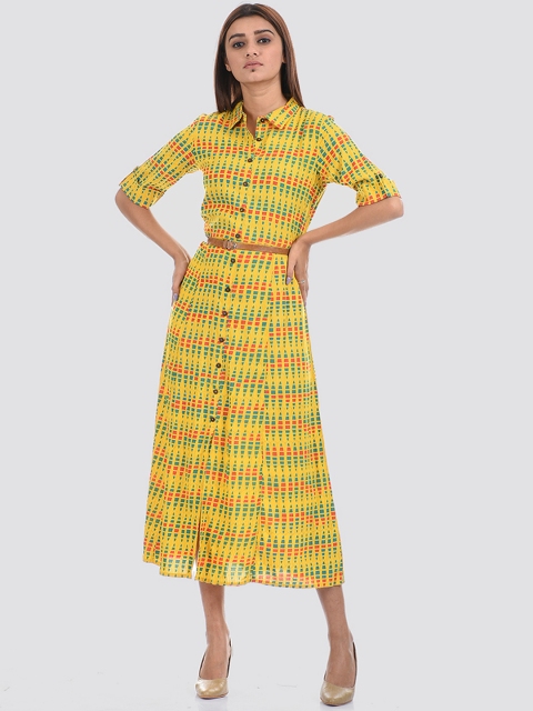 

Ethnicity Yellow Geometric Printed Shirt Style Calf Length Cotton Dress