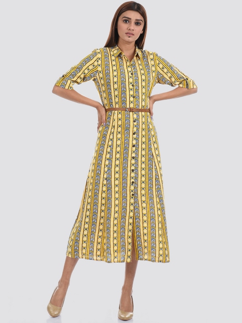 

Ethnicity Women Yellow Abstract Printed Cotton A-Line Midi Dress
