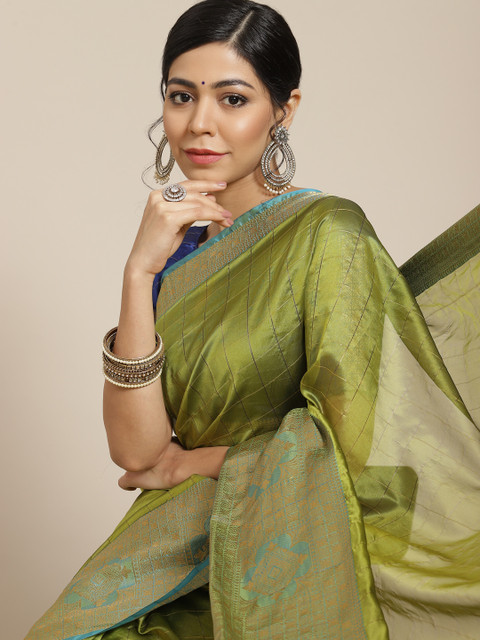 

Mitera Olive Green & Blue Woven Design Zari Kanjeevaram Saree