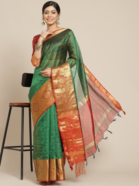

Mitera Green & Red Woven Design Zari Kanjeevaram Saree