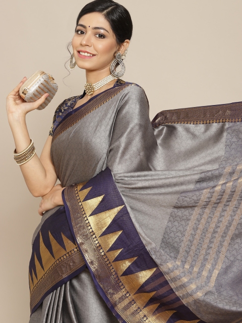 

Mitera Grey & Black Woven Design Silk Cotton Kanjeevaram Saree