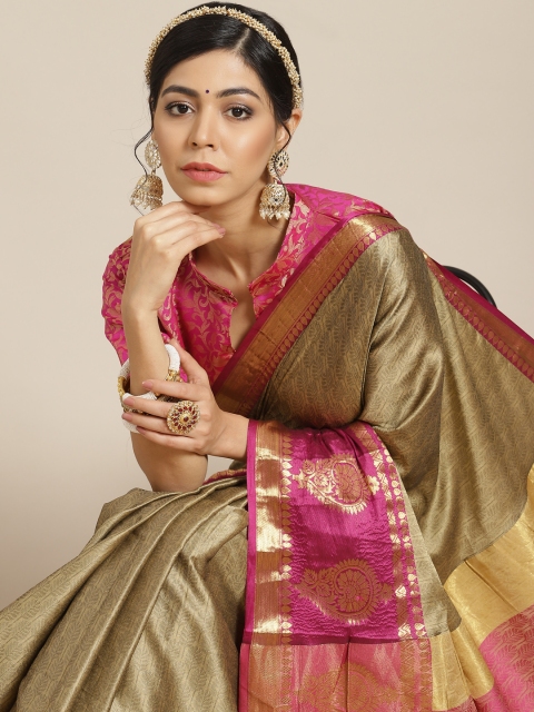 

Mitera Beige & Pink Woven Design Zari Silk Cotton Kanjeevaram Saree