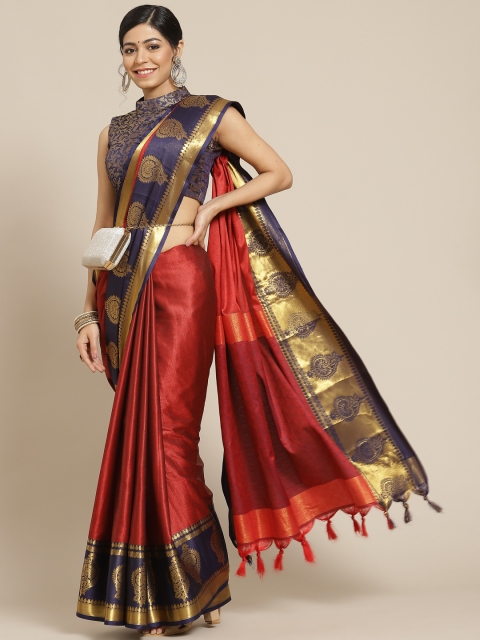 

Mitera Maroon & Red Woven Design Zari Silk Cotton Kanjeevaram Saree