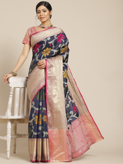 

Mitera Navy Blue & Pink Ethnic Motifs Silk Blend Saree