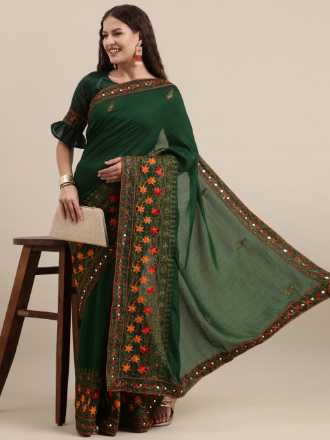 

Satrani Green & Orange Floral Embroidered Mirror Work Embellished Silk Blend Saree