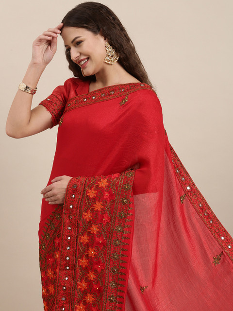 

Satrani Red & Brown Floral Embroidered Mirror Work Silk Blend Saree