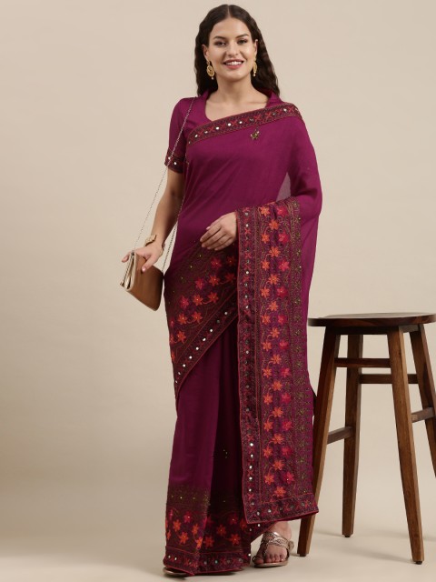 

Satrani Magenta & Orange Floral Mirror Embroidered Work Silk Blend Saree