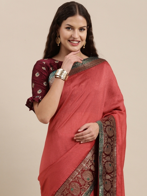 

Satrani Pink & Gold-Toned Solid Jacquard Silk Blend Saree with Floral Woven Design Border