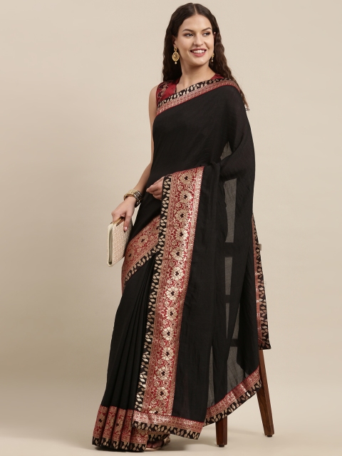 

Satrani Black & Red Solid Jacquard Silk Blend Saree with Floral Woven Design Border