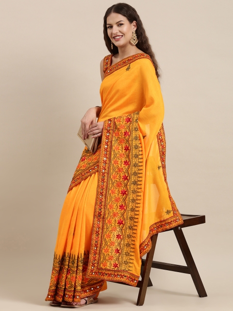 

Satrani Yellow & Orange Floral Embroidered Mirror Work Silk Blend Saree