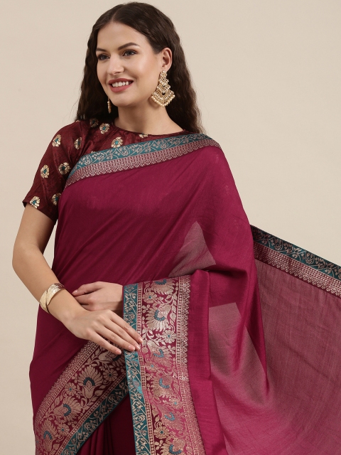 

Satrani Maroon & Gold-Toned Solid Jacquard Silk Blend Saree with Woven Design Border