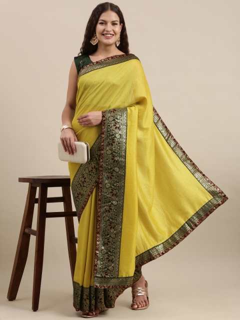 

Satrani Lime Green & Gold-Toned Jacquard Silk Blend Saree with Woven Design Border