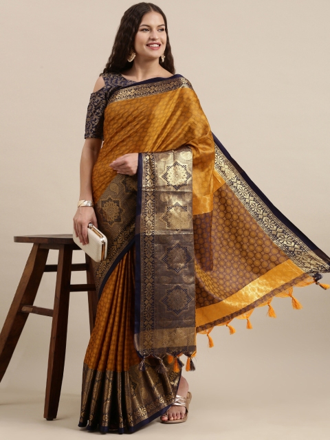 

Satrani Mustard & Purple Ethnic Motifs Woven Design Silk Cotton Banarasi Saree