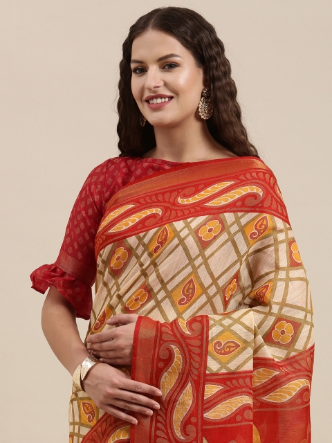 

Satrani Beige & Red Geometric Woven Design Saree