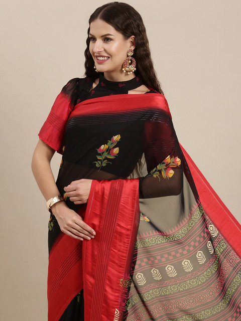 

Satrani Black & Red Floral Printed Pure Georgette Saree