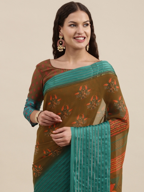 

Satrani Brown Floral Printed Pure Georgette Saree