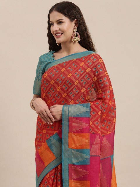 

Satrani Red & Teal Green Ethnic Motifs Woven Saree