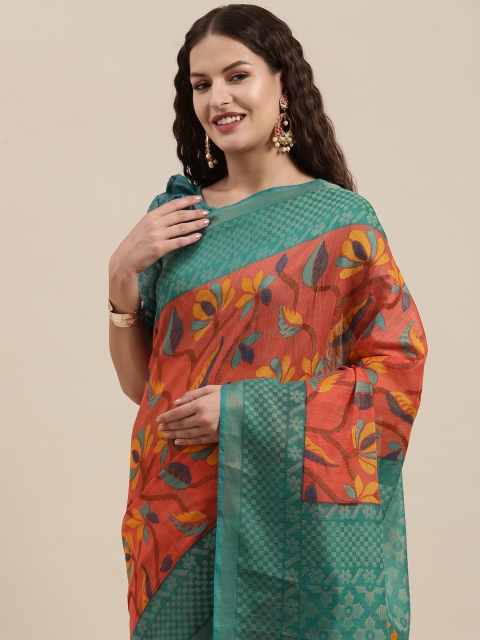 

Satrani Orange & Green Floral Woven Saree, Teal