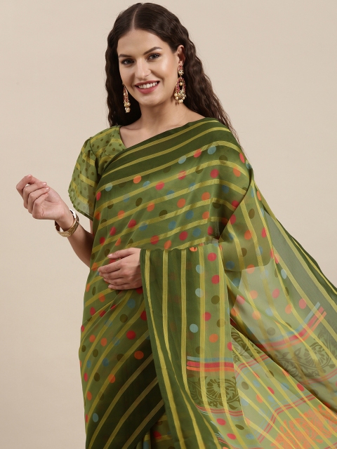 

Satrani Olive Green & Pink Polka Dot Printed Saree