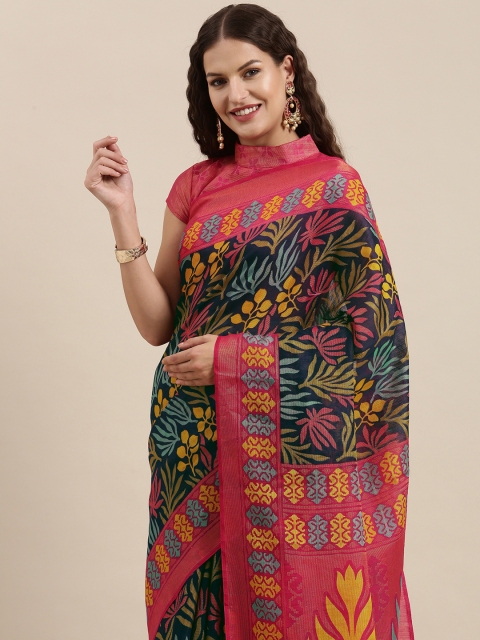 

Satrani Navy Blue & Pink Floral Woven Saree