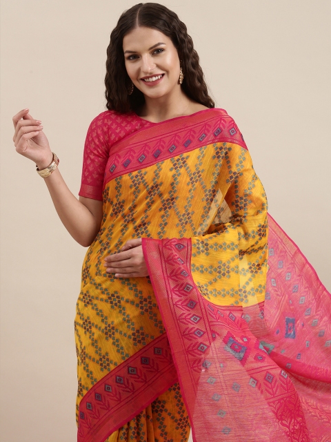 

Satrani Yellow & Pink Ethnic Motifs Saree