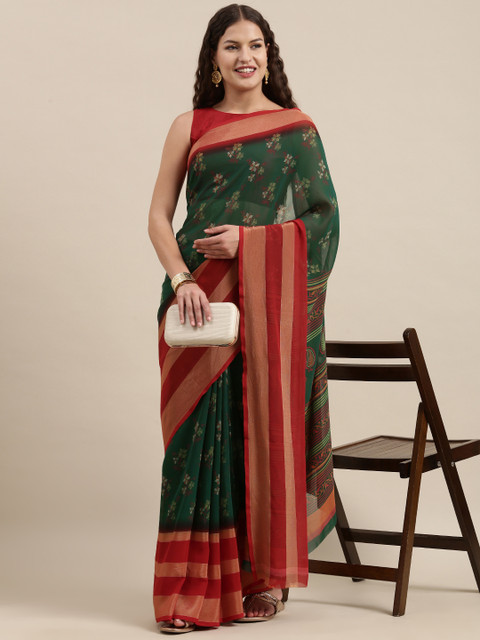 

Satrani Green & Red Floral Print Pure Georgette Saree