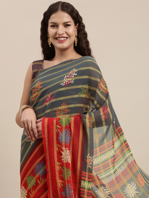 

Satrani Grey & Gold-Toned Floral Print Pure Georgette Saree