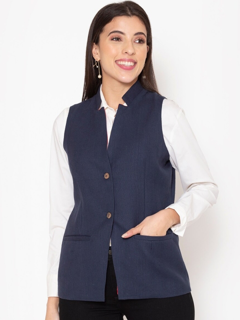

Ekmatra Women Navy Blue Solid Cotton Nehru Jacket
