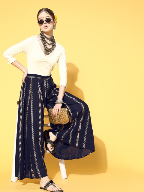 

mokshi Women Deep Navy Blue Ethnic Motifs Elevated Bottom Palazzos