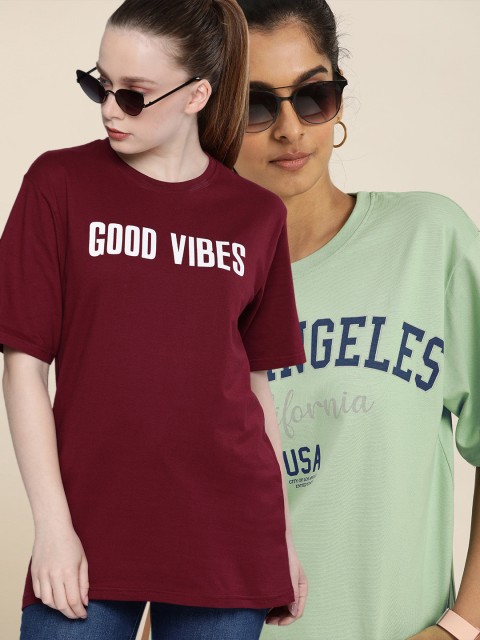 

DILLINGER Women Maroon & Sea Green Set Of 2 Printed Pure Cotton T-shirt