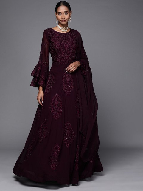 

Chhabra 555 Burgundy Ethnic Motifs Resham Embroidered Made To Measure Georgette Gown Dress