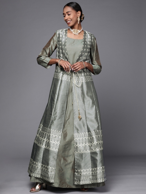 

Chhabra 555 Grey & White Self Design Made To Measure Satin Gown Dress with Ikat Jacket