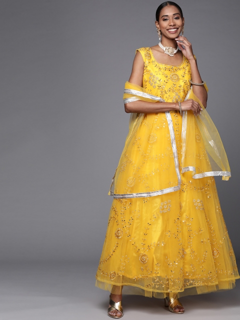 

Chhabra 555 Yellow Embellished Net Made to Measure Maxi Dress With Dupatta