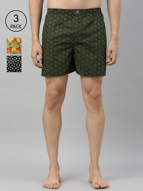 

Joven Men Black & Green Pack Of 3 Printed Pure Cotton Boxers